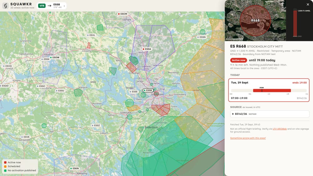 The Squawkr app in a web browser. On the left, a map of restriction areas and airfields around Stockholm, each area colour-coded by its status. On the right, the panel for one area, ES R668 Stockholm City, with a timeline of when it is active.